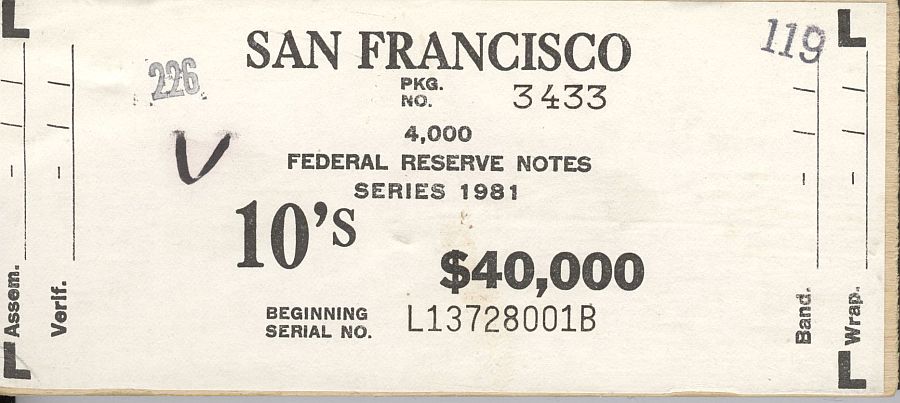 Fr.2025-L, BEP $40,000 Brick Packaging Label, 1981 San Fracisco $10 FRNs, L-B Block